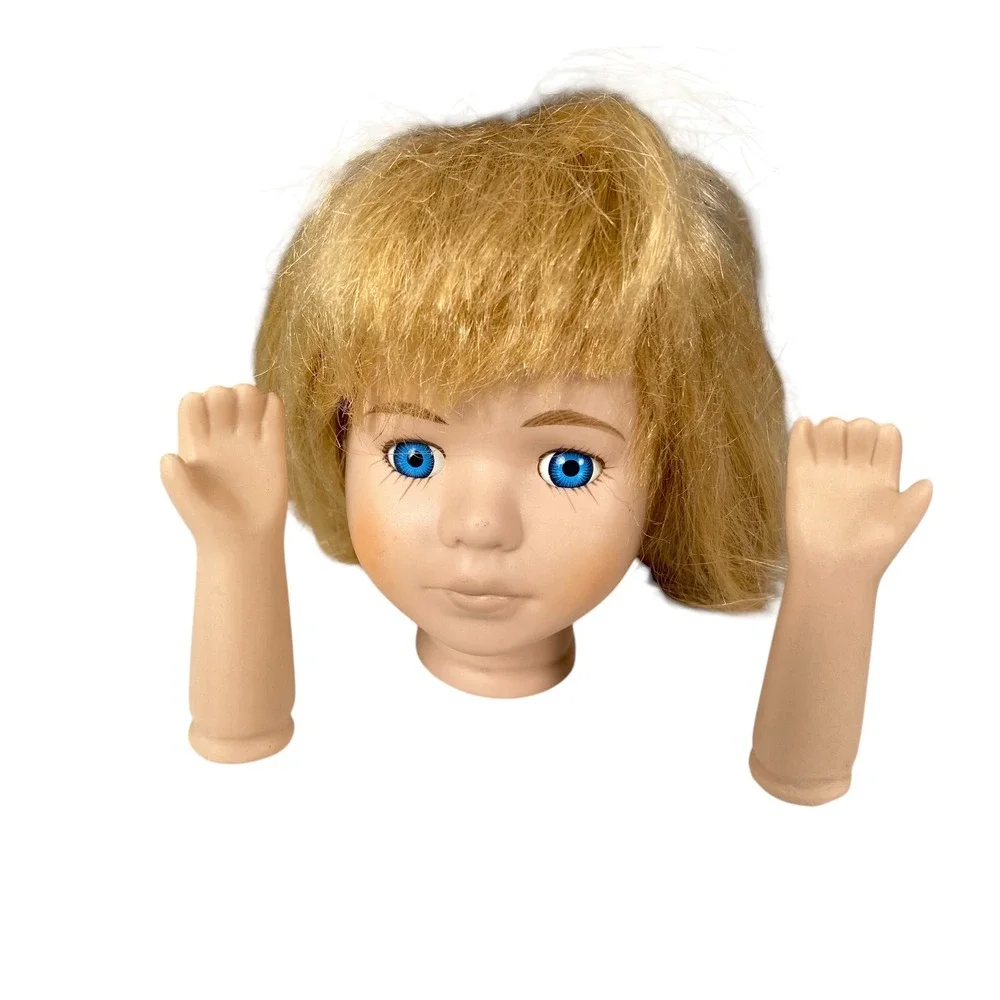 Porcelain Doll Head and Arms Set Blonde Hair Blue Eyes Doll Making Parts 3.5in